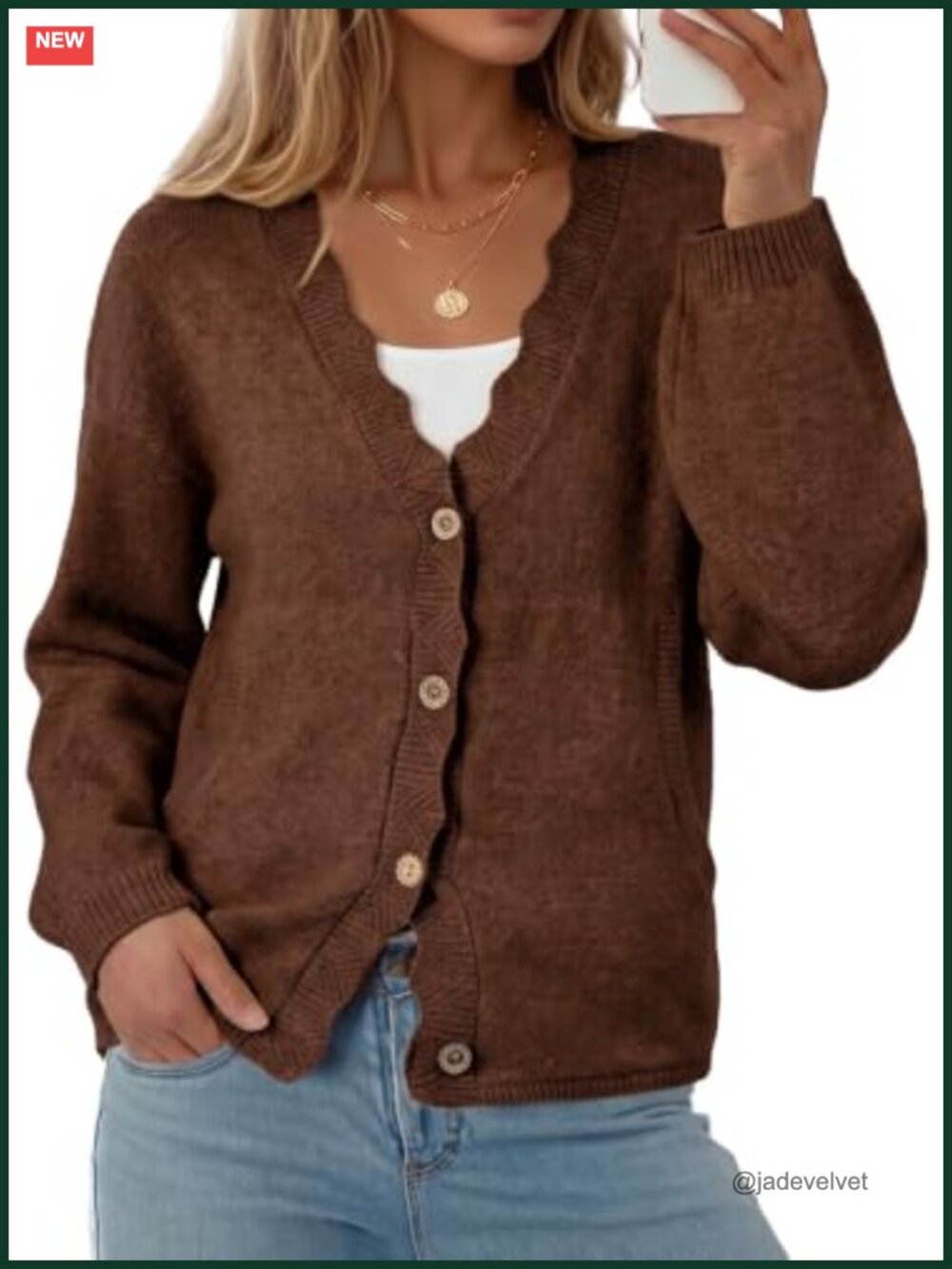 Oversized Button Up Knit Cardigan Sweater with Pockets V Neck Ruffle